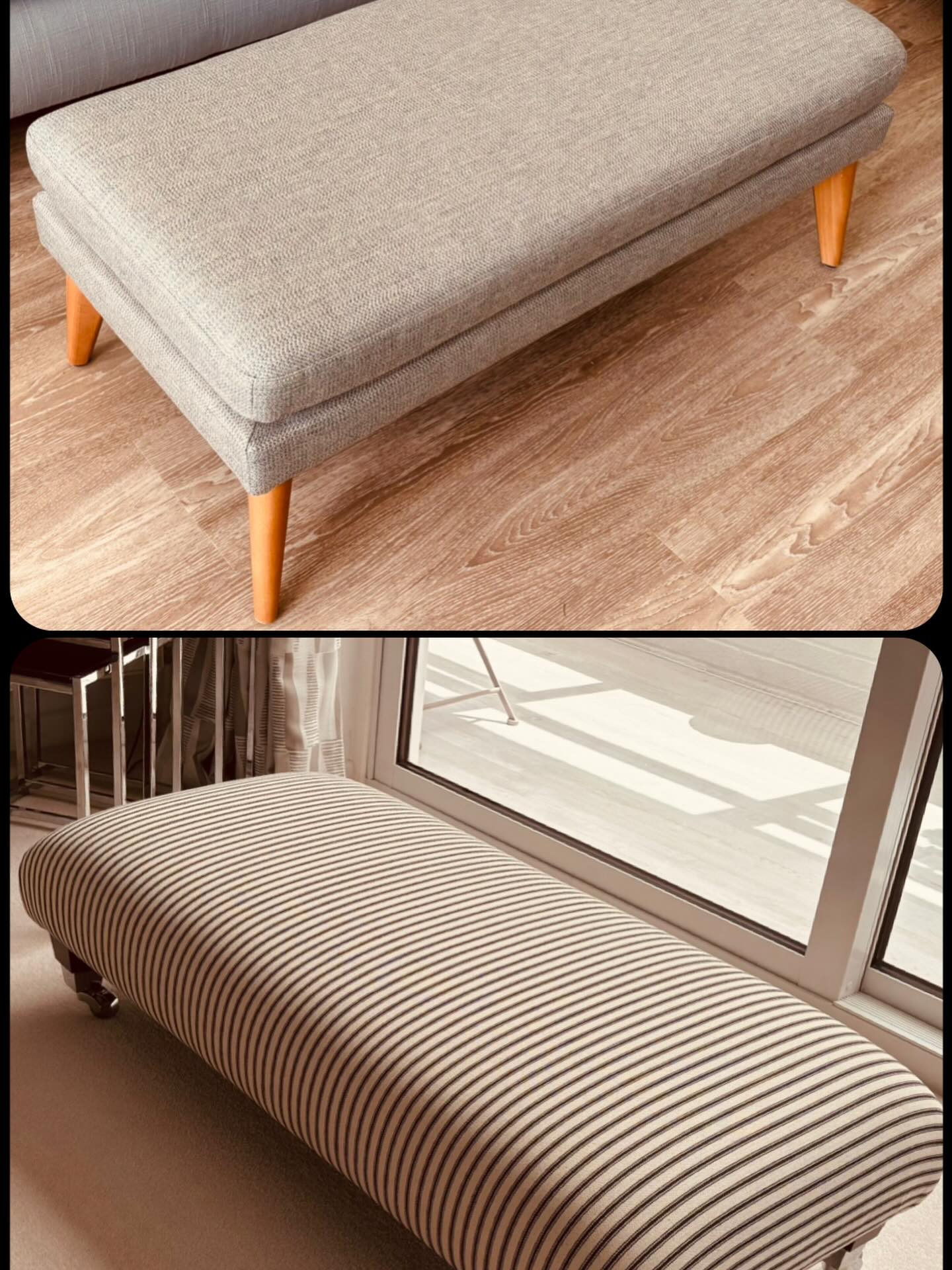 A grey footstool on tapered legs and a long striped table stool