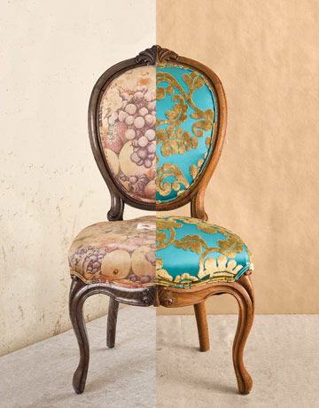 Balloon-back chair shown half in its old fruit-print fabric and half in new teal fabric